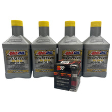Load image into Gallery viewer, Four quarts of Amsoil motor oil in gray containers with yellow caps, labeled for Kawasaki KRX 1000, alongside a K&amp;N oil filter.
